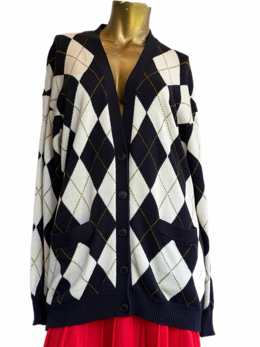 Vintage Jones New York Argyle v-neck Cardigan L Navy Cream Button Front Pockets
